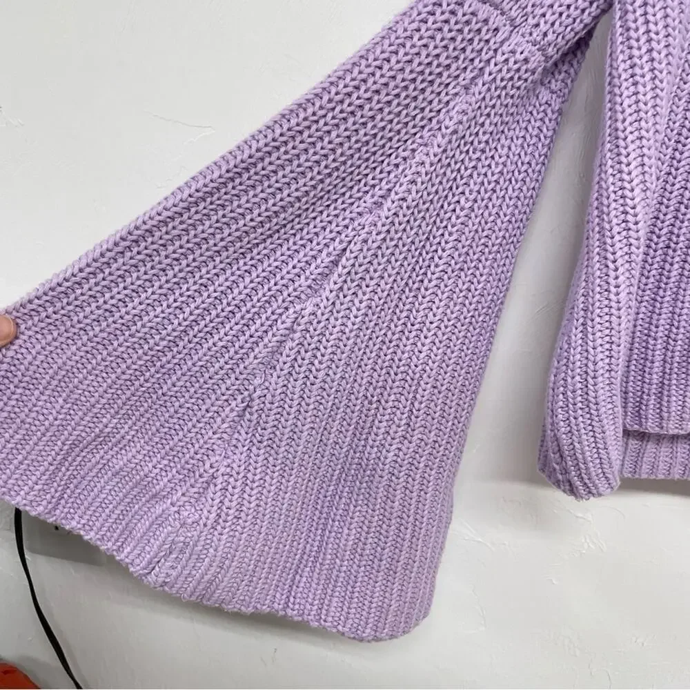 Free People Lavender Ribbed Knit Flare Sleeve V Neck Sweater Womens S Oversized